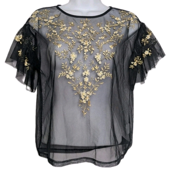 Express Top Blouse Black Embroidered Short Sleeve Floral Sheer Butterfly Size XS - Picture 1 of 7
